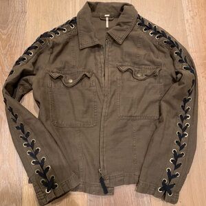 FREE PEOPLE Faye Military Jacket with Lace-Up Sleeves double bust pockets zipper